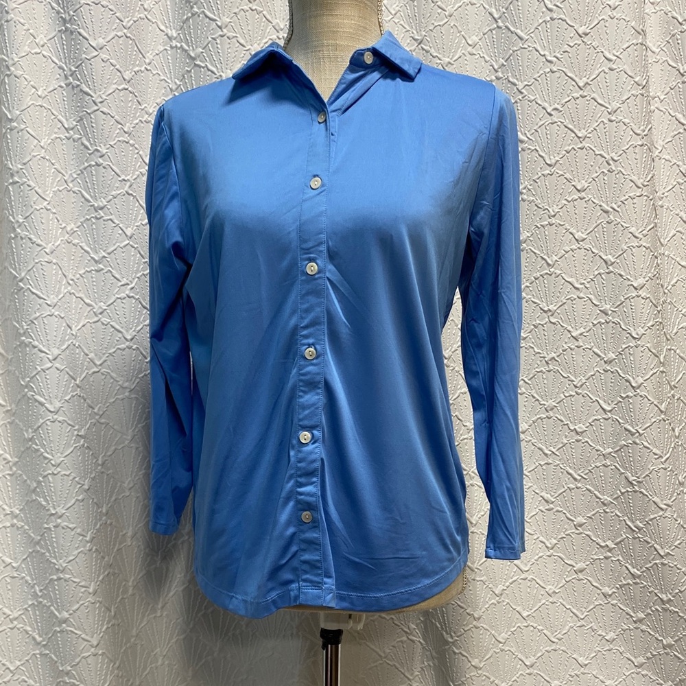 Vintage National Women's Blue Button Down Shirt soft stretchy comfy casual cozy‎